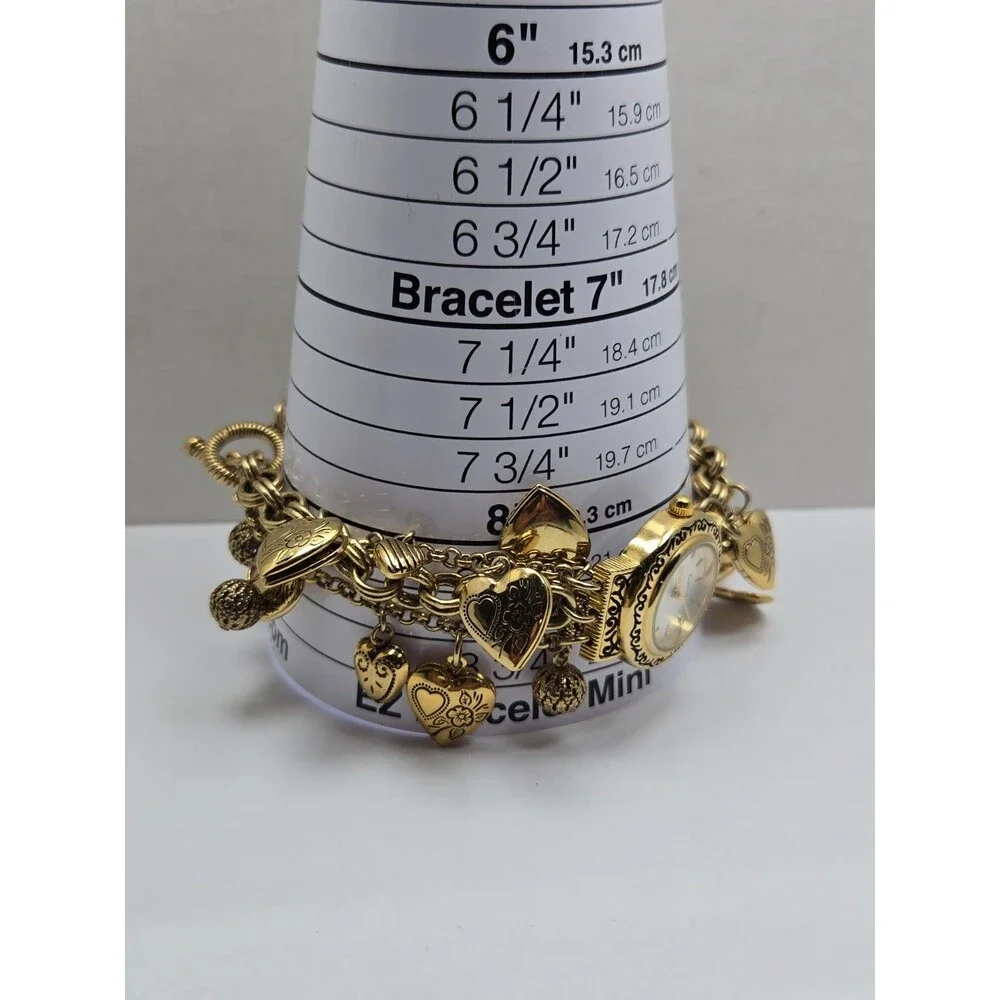 Womens Vintage Gold Tone Hearts Lockets Charms Bracelet Quartz Watch New Battery